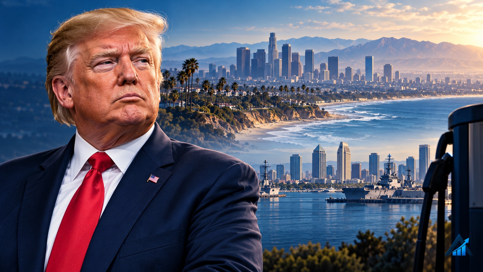 Original Apex editorial illustration of President Donald Trump alongside stylized Los Angeles and San Diego skylines, a naval harbor and an unpriced gasoline pump. The cities are depicted intact.