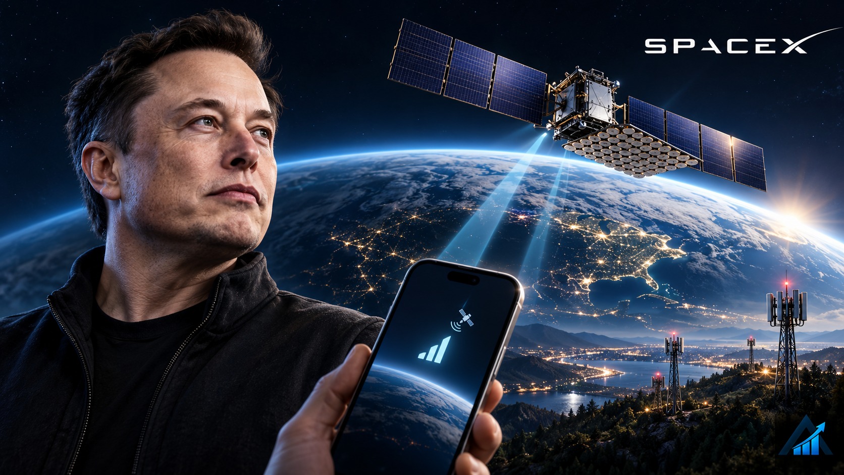 Original Apex editorial illustration of Elon Musk, a conceptual Starlink satellite above Earth, a phone and U.S. ground-network towers. A small Apex logo appears in the lower-right corner.