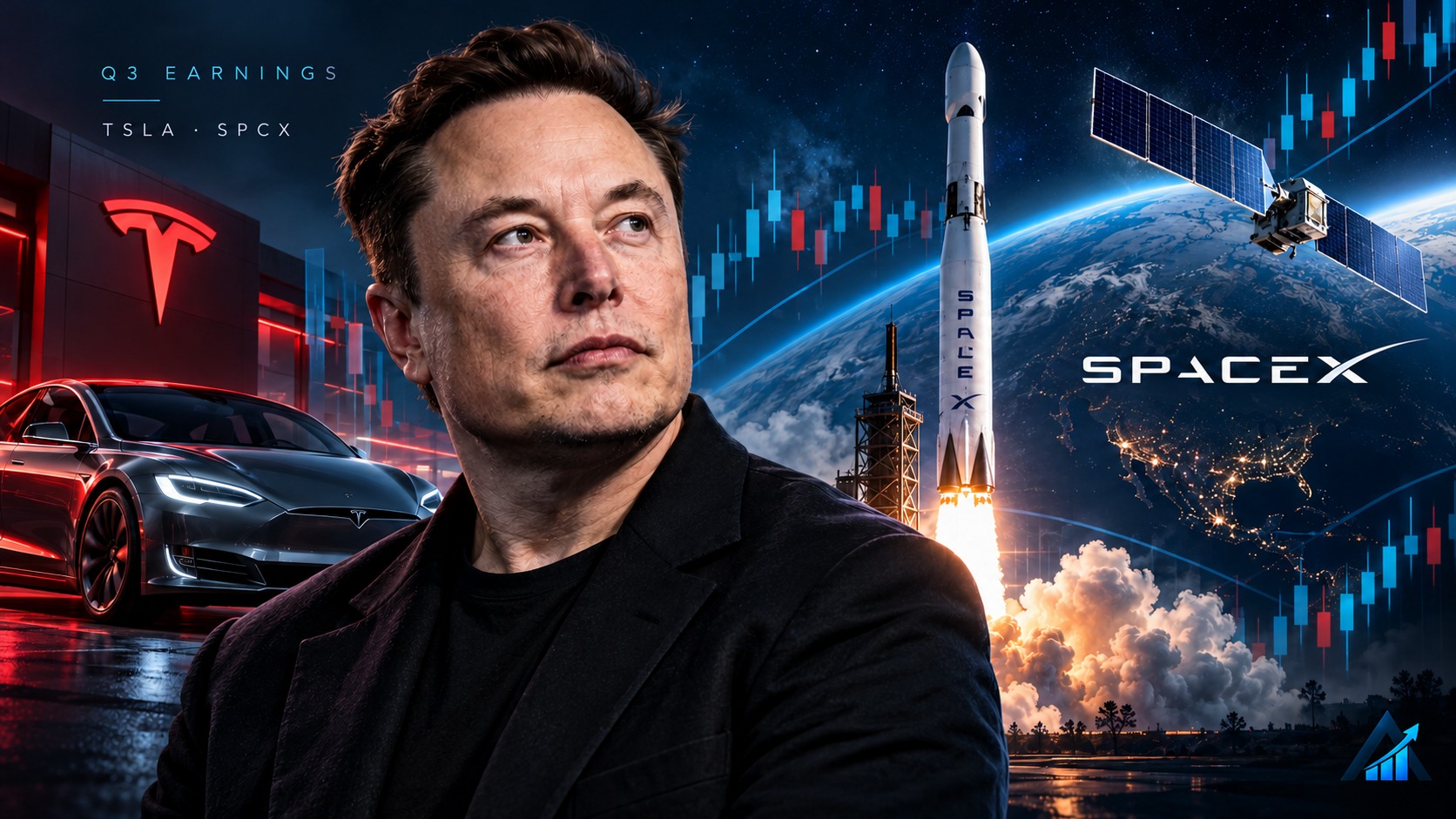 Original editorial illustration of Elon Musk between Tesla’s electric-car business and SpaceX rockets and satellites, with conceptual chart motifs for Q3 earnings season and a subtle Apex logo in the lower-right corner.